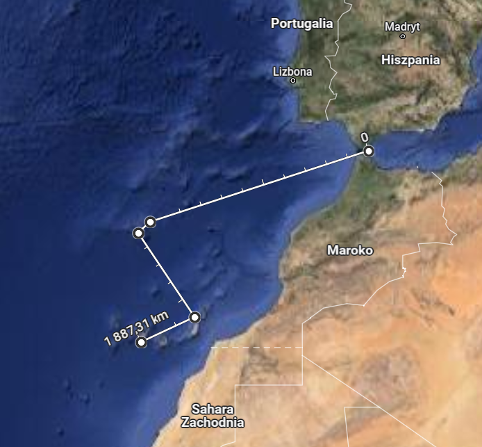 Mapa rejsu Gibraltar - Teneryfa